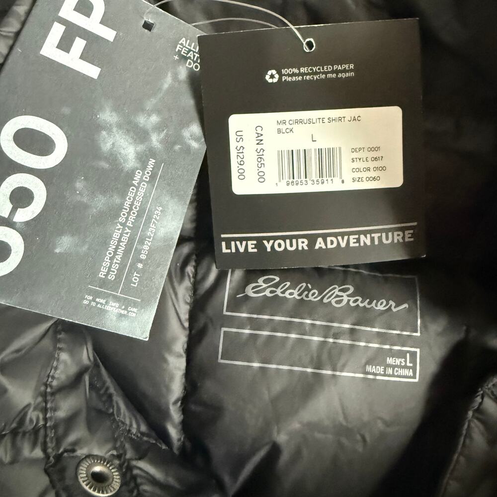 Eddie Bauer Cirrus Lite Shirt Jacket Men’s L Black Down Lightweight Quilted NWT - Picture 5 of 8